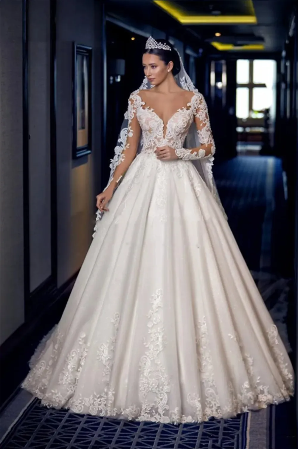 Vintage Lace Bridal Gowns, Ivory A Line Wedding Dress With Long - Main Image