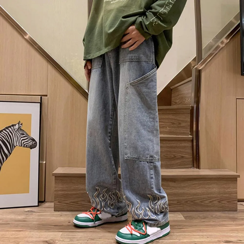 国内で当店のみ Supermade - CONTRAST FLAME EMBROIDERED BAGGY DHgate.com:Flame-Embroidered Straight Wide-Leg Denim Jeans