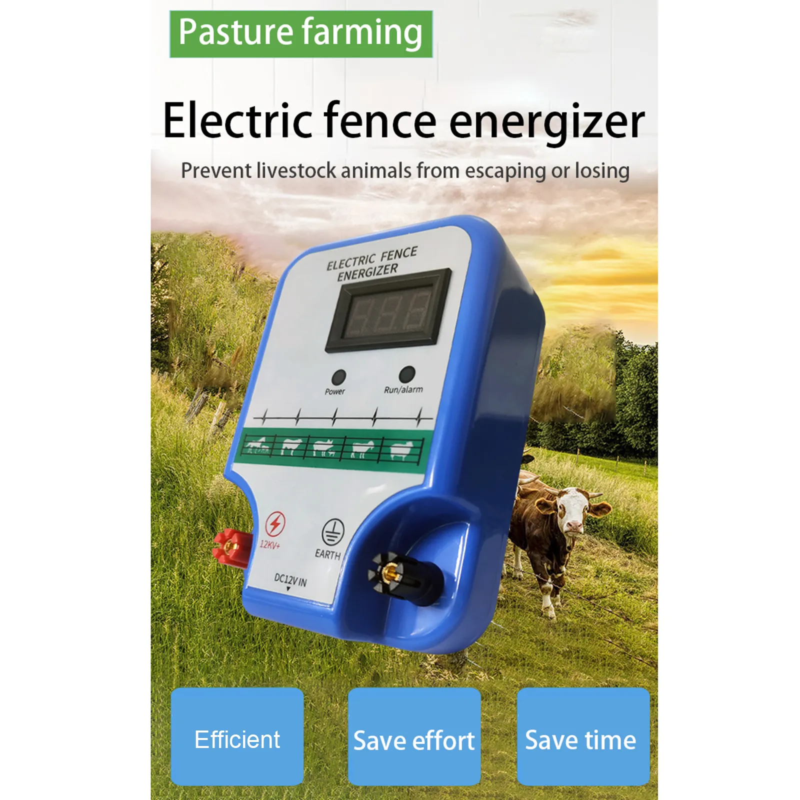 Electric Fence Energizer for Dogs Sheep Horses Poultry 8KM High Voltage Pulse Controller with Waterproof LCD Display and High decibel Alarm