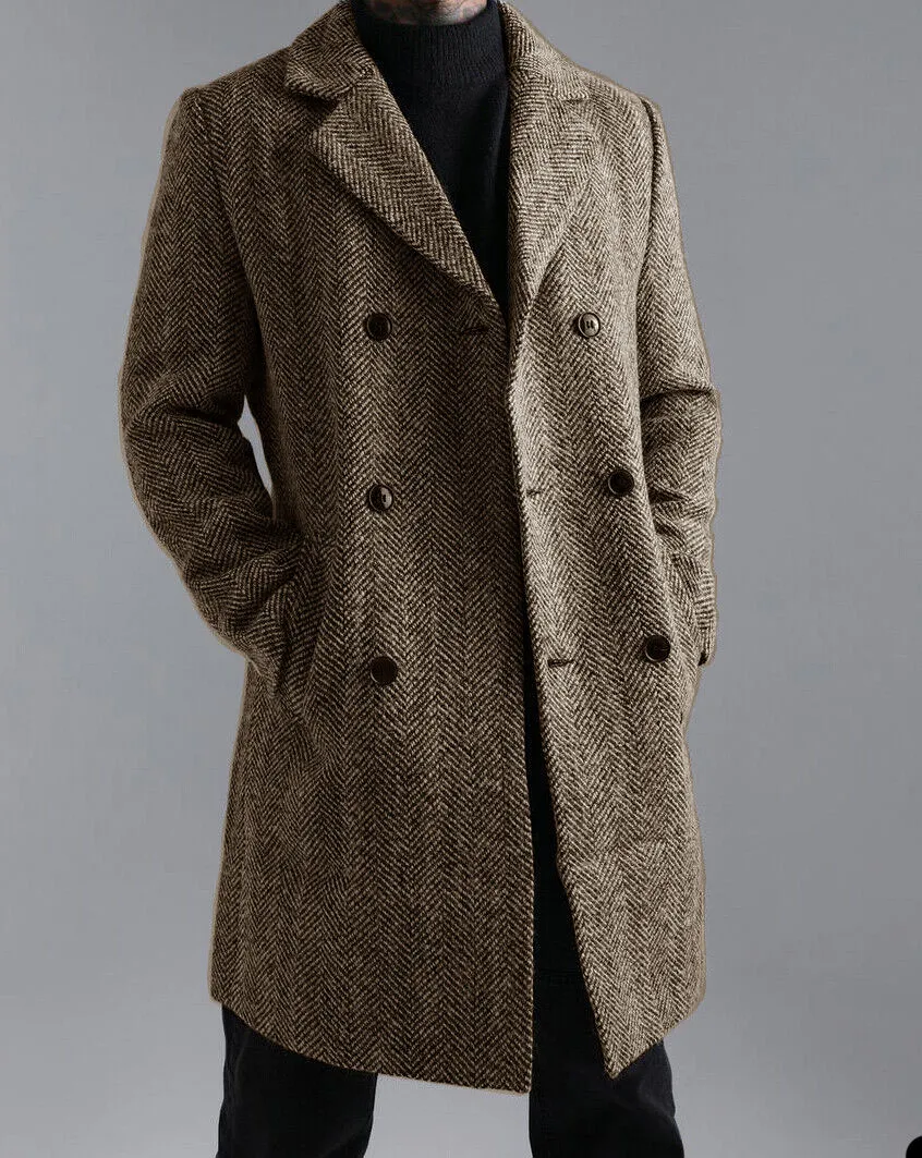DHgate Herringbone Long Wool Trench Coat Double Breasted Warm Winter Suit Jacket for Men Sports Outdoors