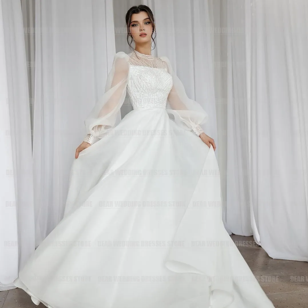 Simple Formal Wedding Dresses Womens A-Line Lace High Neck Bridal Gowns with Long Puff Sleeves from Dhgate Bridal Gloves - price 118.72 Simple Formal Wedding Dresses Womens A-Line Lace High Neck Bridal Gowns with Long Puff Sleeves from Dhgate Bridal Gloves - price 118.72