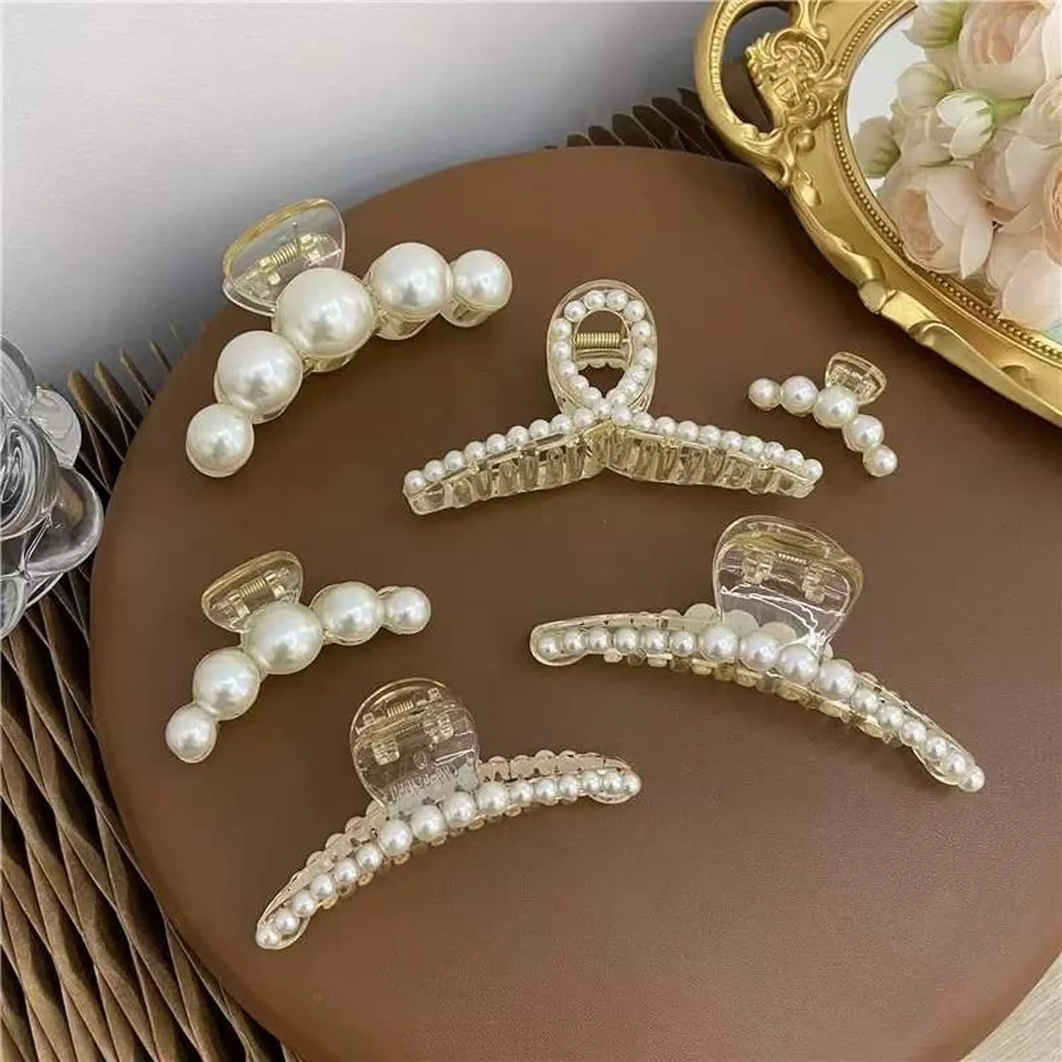 Pearl Hair Claw Clips for Women, Set of 3, Sturdy Plastic, Non-Slip, Medium 3 Big Pearl Hair Claw Clips Barrettes Nonslip Hair Accessories  main image 3
