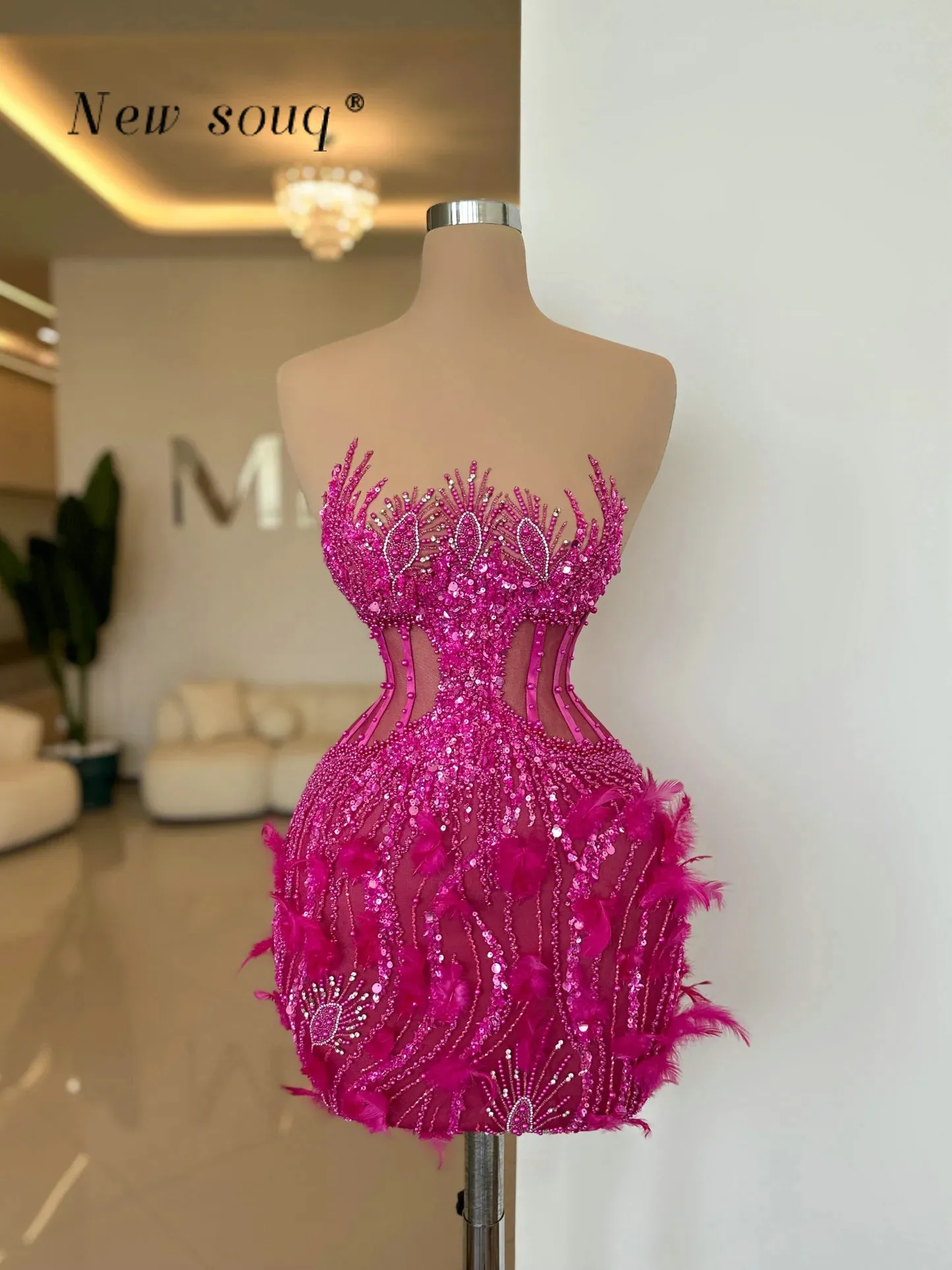 Hot Pink Short Sequin Cocktail Dress with Feathers and Pearls Sleeveless  Mini Party Gown from Dhgate Other Arts and Crafts - price 204.67
