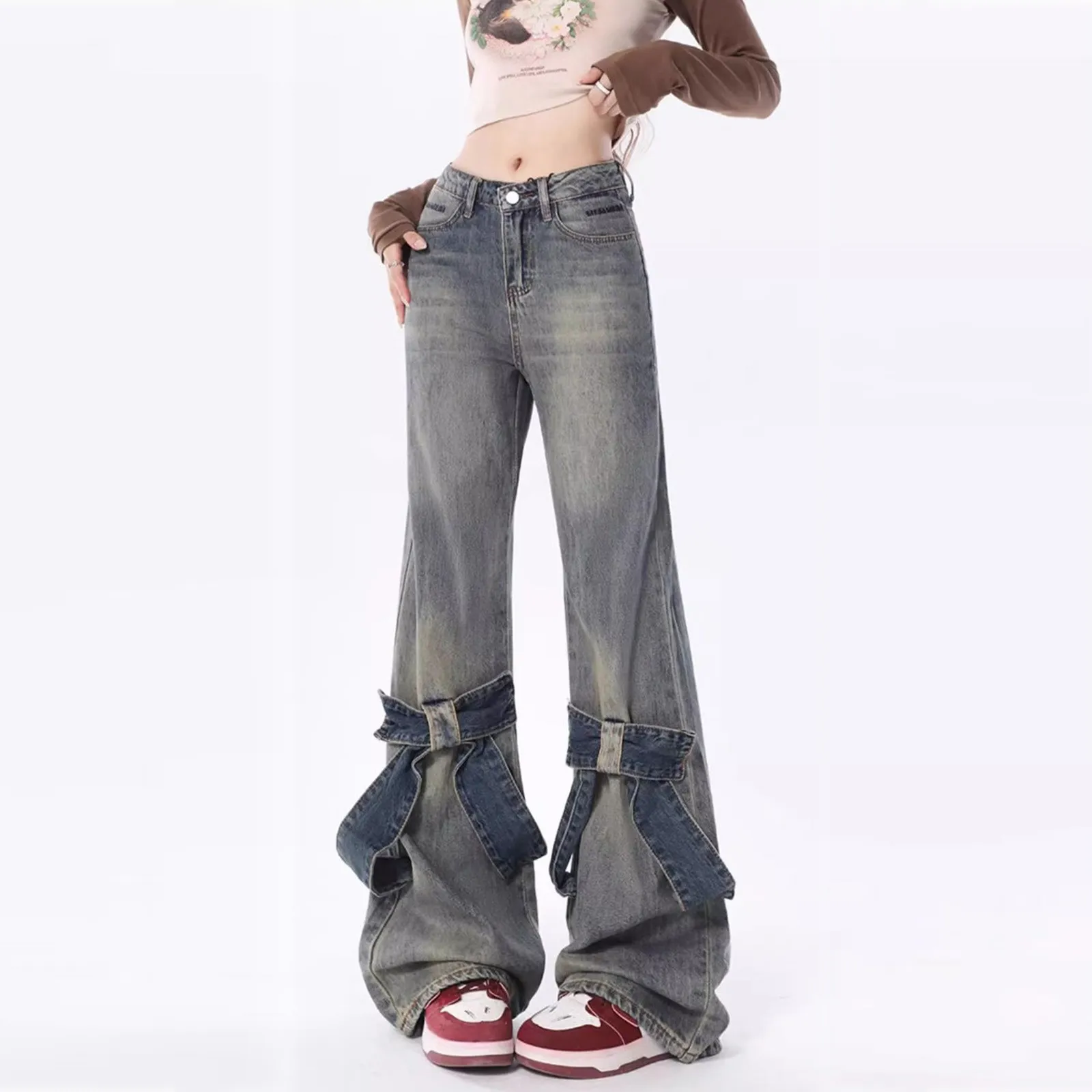 Vintage Y2K Womens Blue Denim Wide Leg Baggy Jeans - 90s