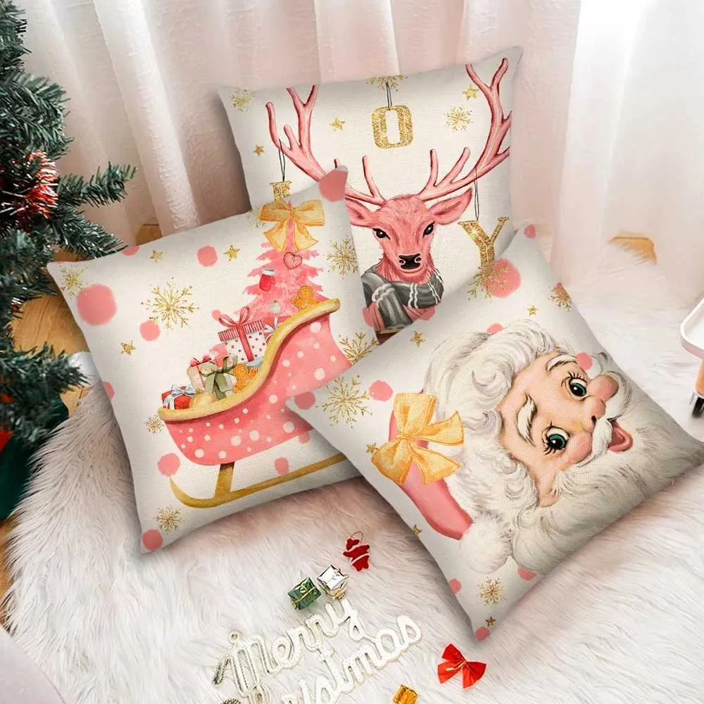 Christmas Pillow Covers 18x18, Festive Linen Throw Pillow Cover with Santa,  Snowman, Reindeer Design, Soft Cushion Case for Sofa, 18 x 18 Inch