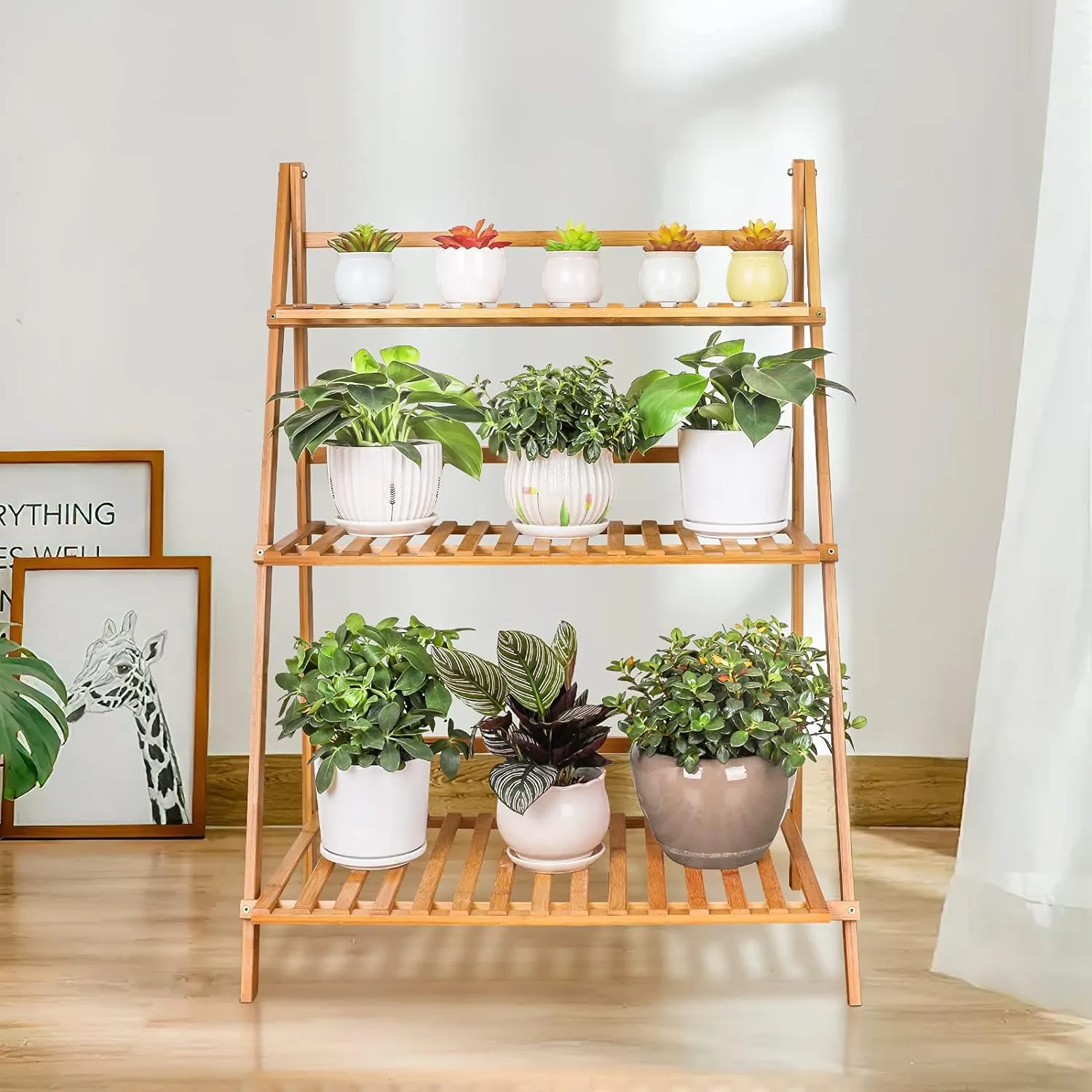 UNHO 3-Tier Bamboo Folding Plant Stand – Heavy Duty Flower Shelf Display Rack