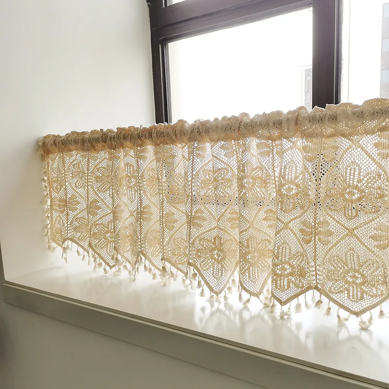 素朴な手づくりかぎ針編みドアカーテンレトロ編みボホショートカーテンバランスキッチン用小窓ロッドポケット中空透視透視半カーテン遮光ドレープドアウィン