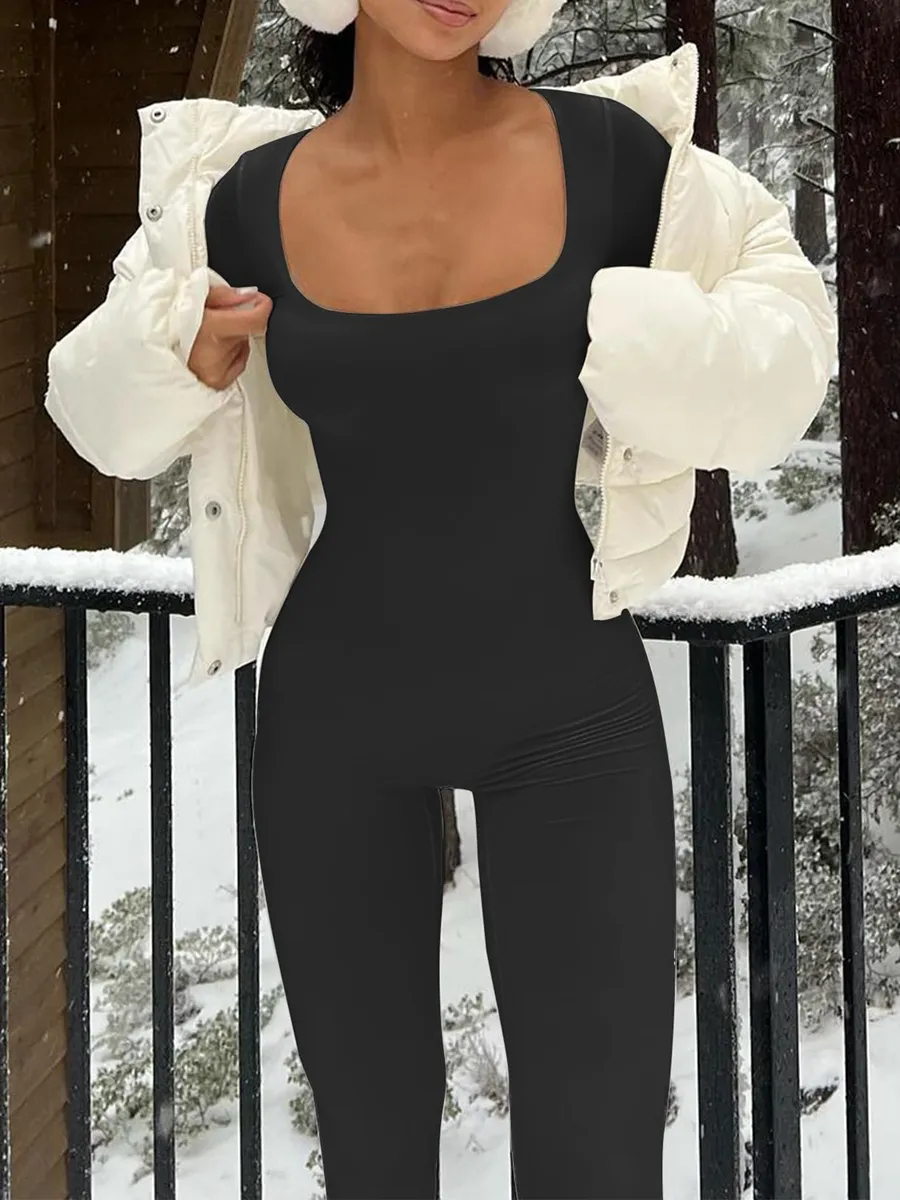 Womens Sexy Bodycon Long Sleeve Square Neck One Piece Romper Ribbed Knit Yoga Jumpsuitworkout Unitard Playsuit Backless Cute Club