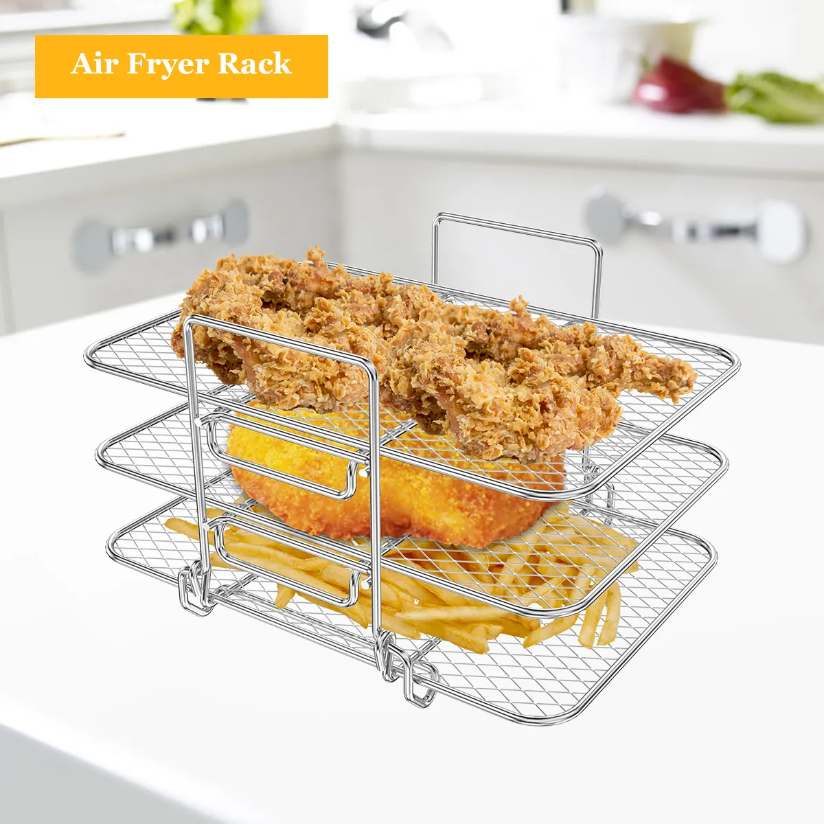 Racks pour friteuse à air, triple étagère pour friteuse à air, étagère en acier inoxydable, cadre Airfryer, plateau carré avec 8 pieds en silicone, 1 pince à épiler, 3 couches empilables Racks pour friteuse à air, triple étagère pour friteuse à air, étagère en acier inoxydable, cadre Airfryer, plateau carré avec 8 pieds en silicone, 1 pince à épiler, 3 couches empilables