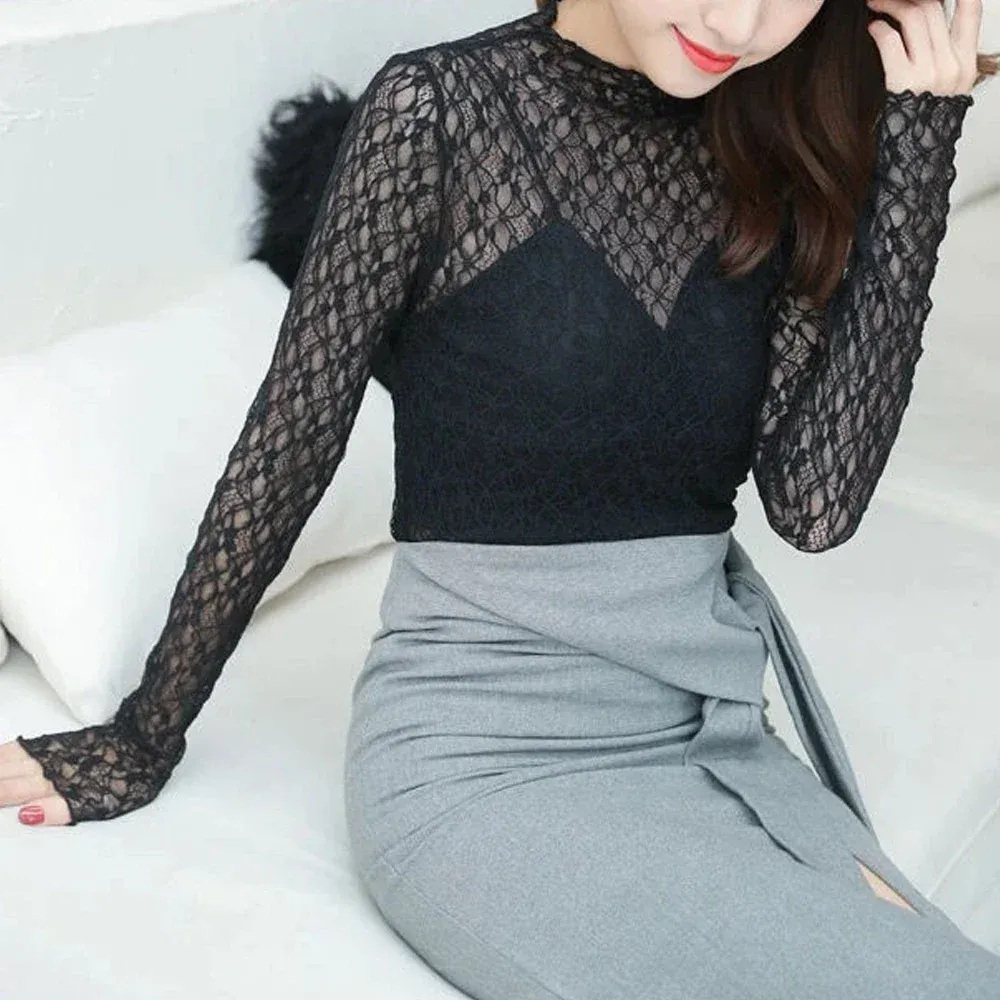 Clover See Through Lace Up Shirt In Black main image 1