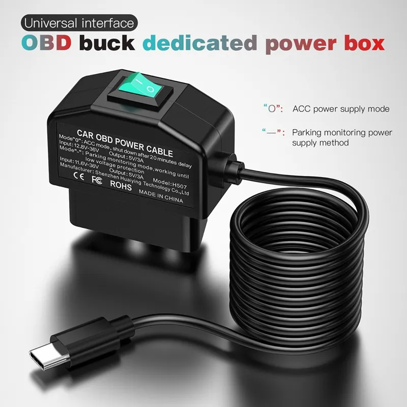 Osmond Dash Cam OBD Hardwire Kit, Dash Camera USB Type C Hardwire Kit met OBD Power Kabel voor Dashcam 12-24V naar 5V/3A