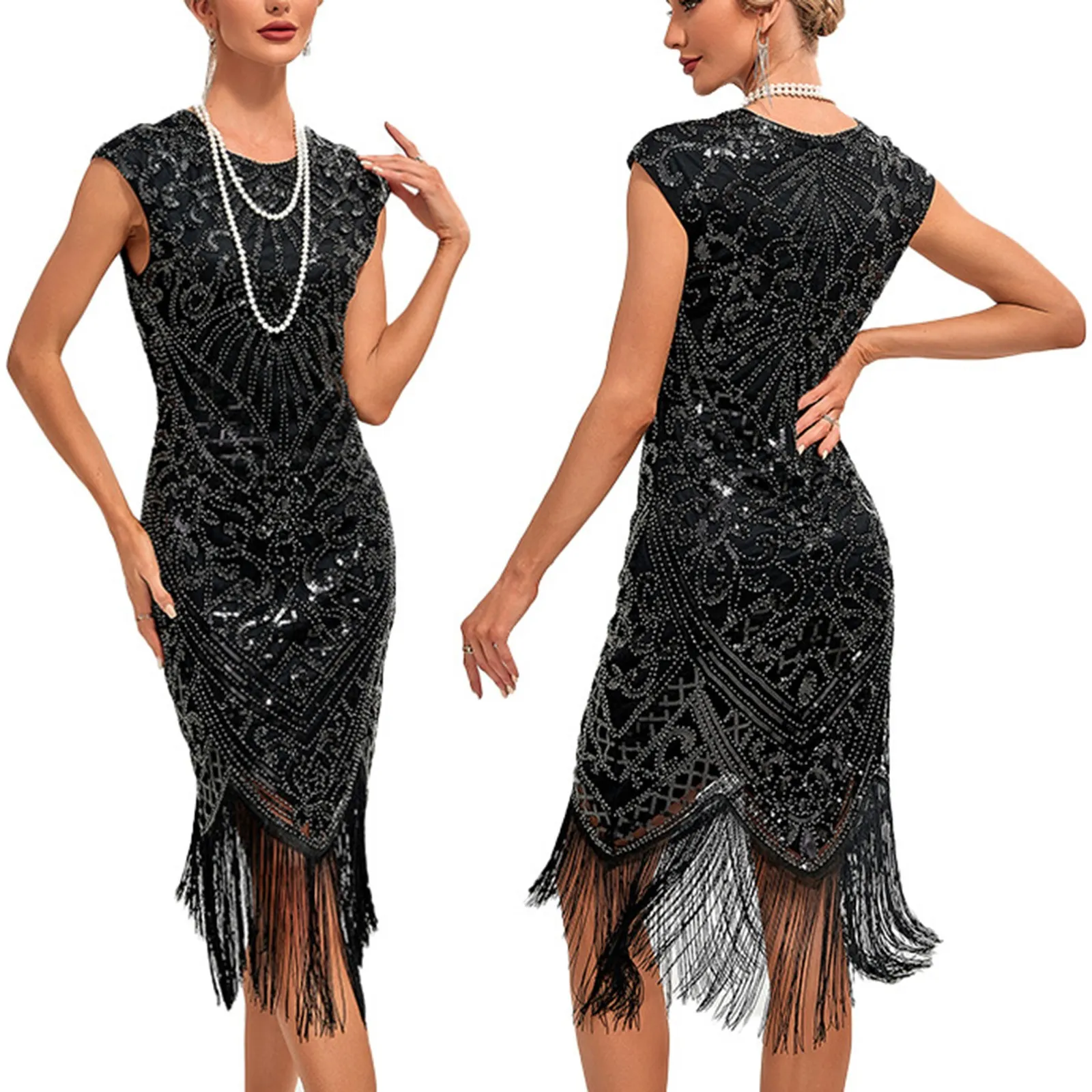 Elegant sequin dress with fringe hem and pearl accessories