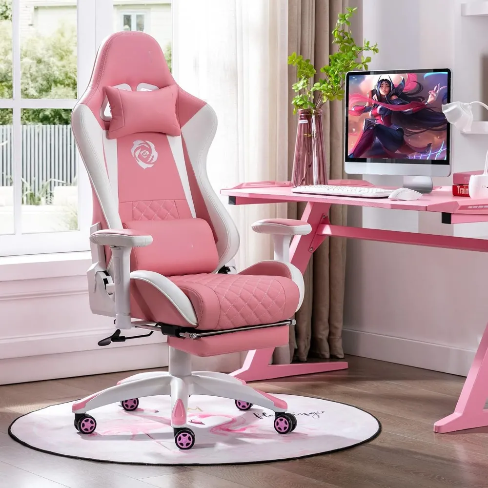 Autofull pink gaming chair pu leather high back ergonomic racing office desk computer chairs with lumbar support discount
