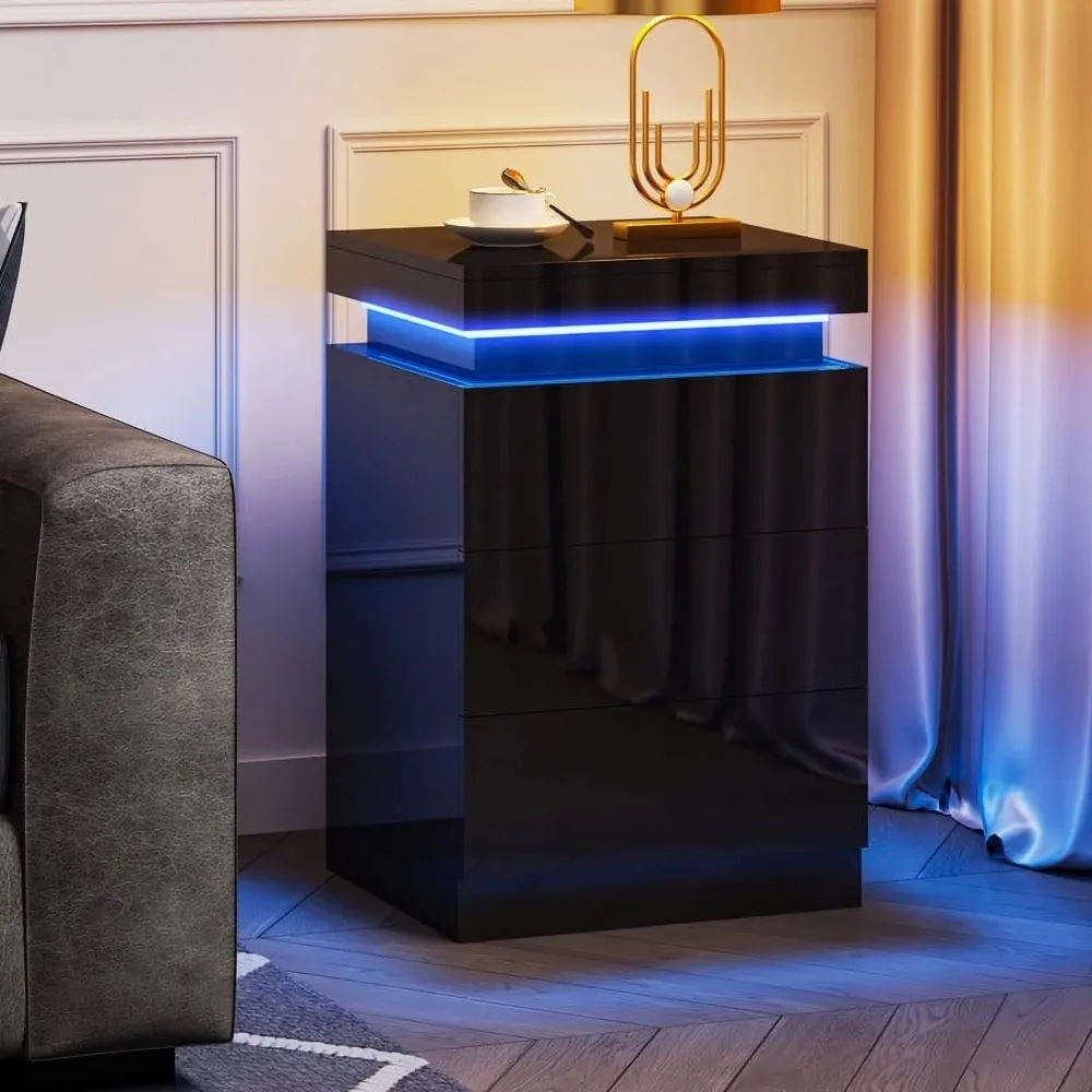 Modern High Gloss LED Nightstand with Drawers, Stylish Bedside
