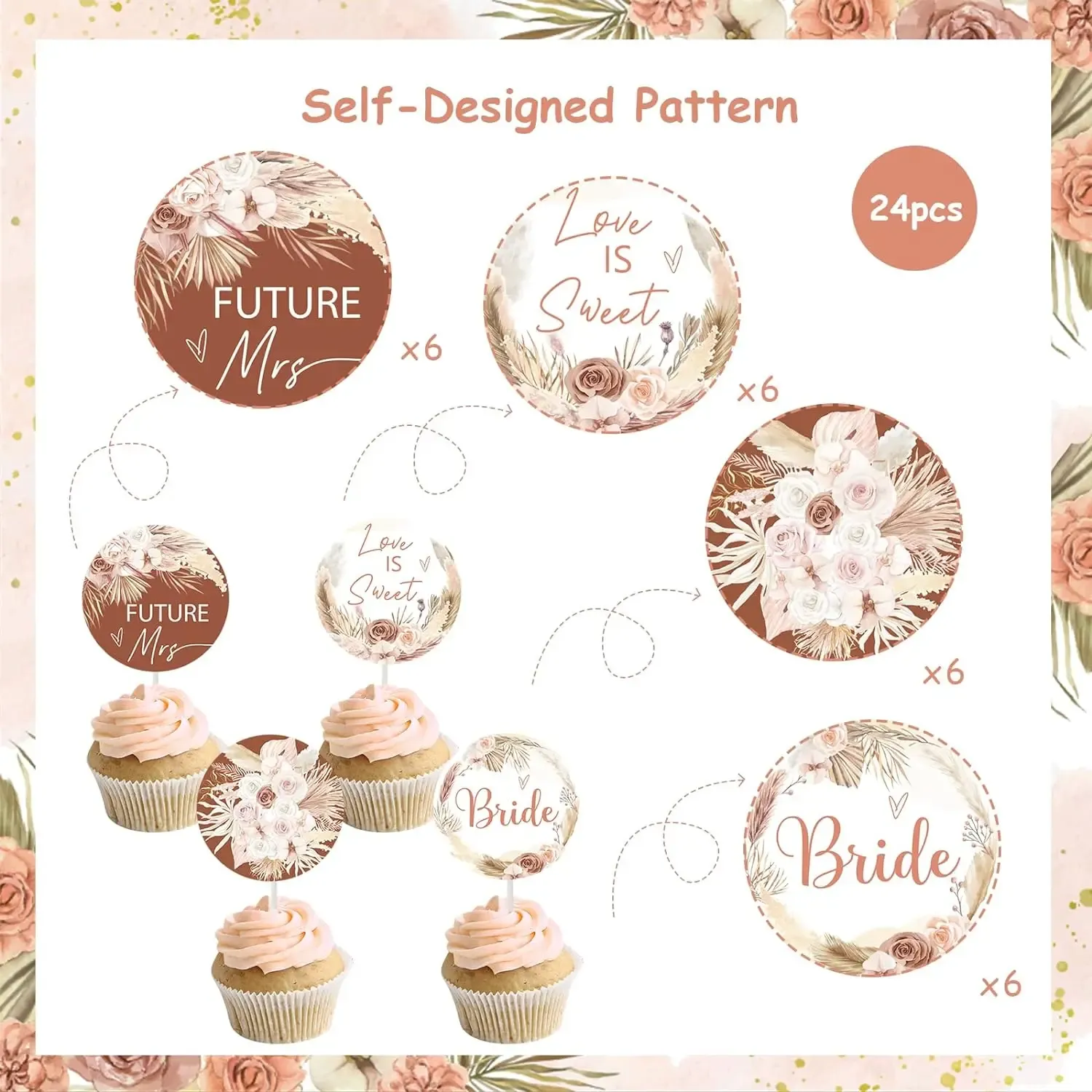 Boho Bridal bridal shower cupcake Toppers - Pampas Grass, Love Is Sweet Future, Mrs Flowers - Perfect for Wedding and Engagement Parties boho-bridal-bridal-shower-cupcake-toppers-pampas-grass-love-is-sweet-future-mrs-flowers-perfect-for-wedding-and-engagement-parties