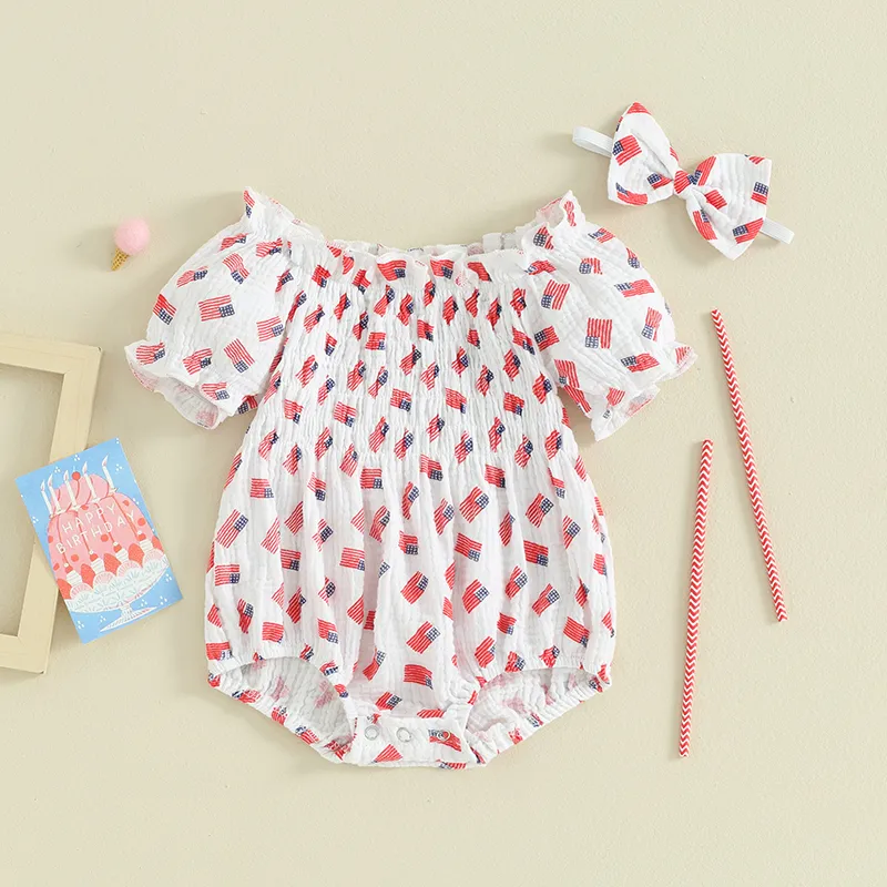 Baby Girl Fourth Of July Rompers Short Puff Sleeve Bodysuit