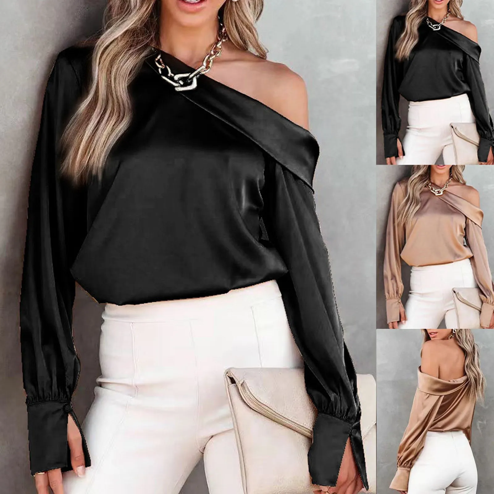 DHgate Womens Plus Size Satin One Shoulder Top Long Sleeve Solid Color Blouse for Casual and Holiday Wear Baby Kids Maternity