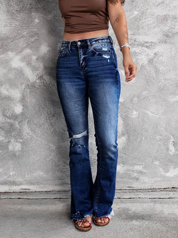 Ripped Flare Jeans for Women, Y2K Retro Stretch Denim Bootcut