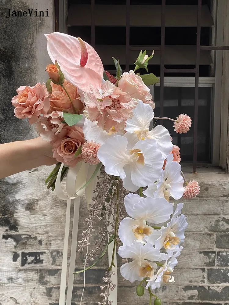 JaneVini Artificial Champagne Pink Silk Roses Waterfall Bride Bouquet with  Moth Orchid Cascading, Bridal Wedding Accessories