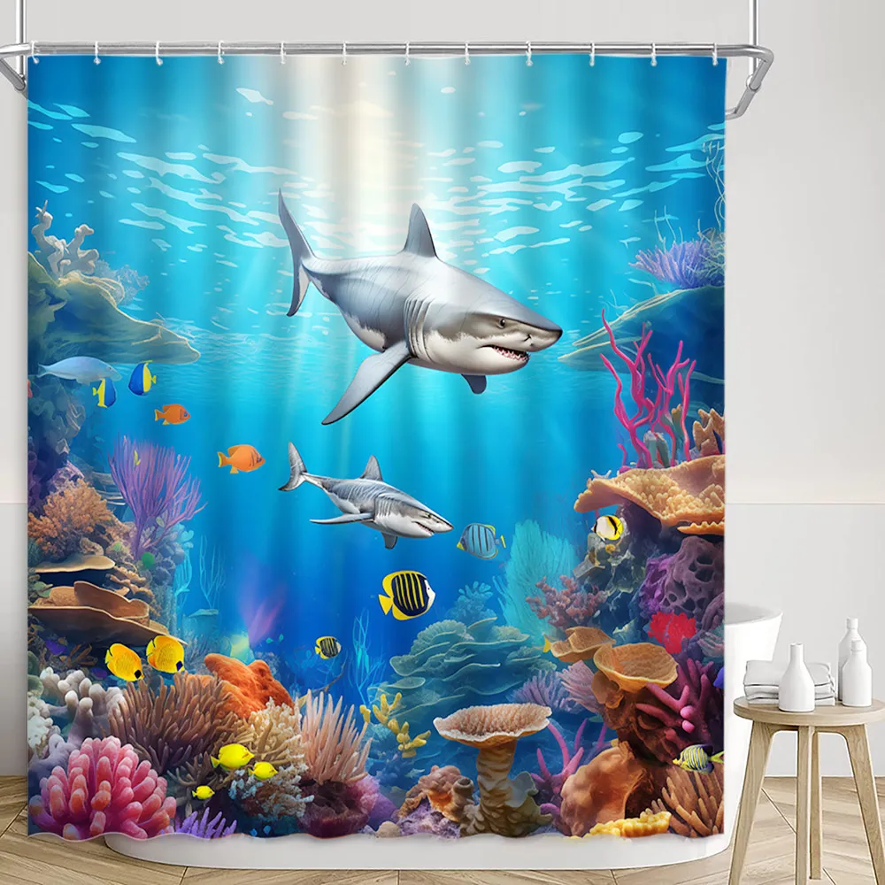 Ocean Animal Shower Curtain Underwater Coral Reef Design With Seahorse,  Shark, Turtle \u0026 Tropical Fish Blue Kids Bathroom Decor From Homepro15,  $9.12 | DHgate.Com, image size:1000x1000