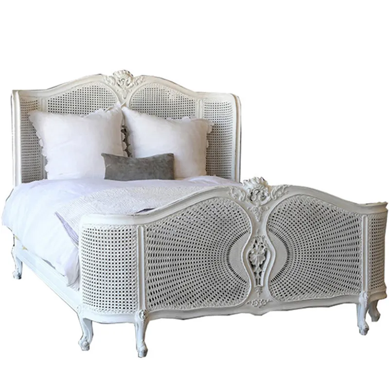 White solid wood carved rattan bed frame with fabric surface ...