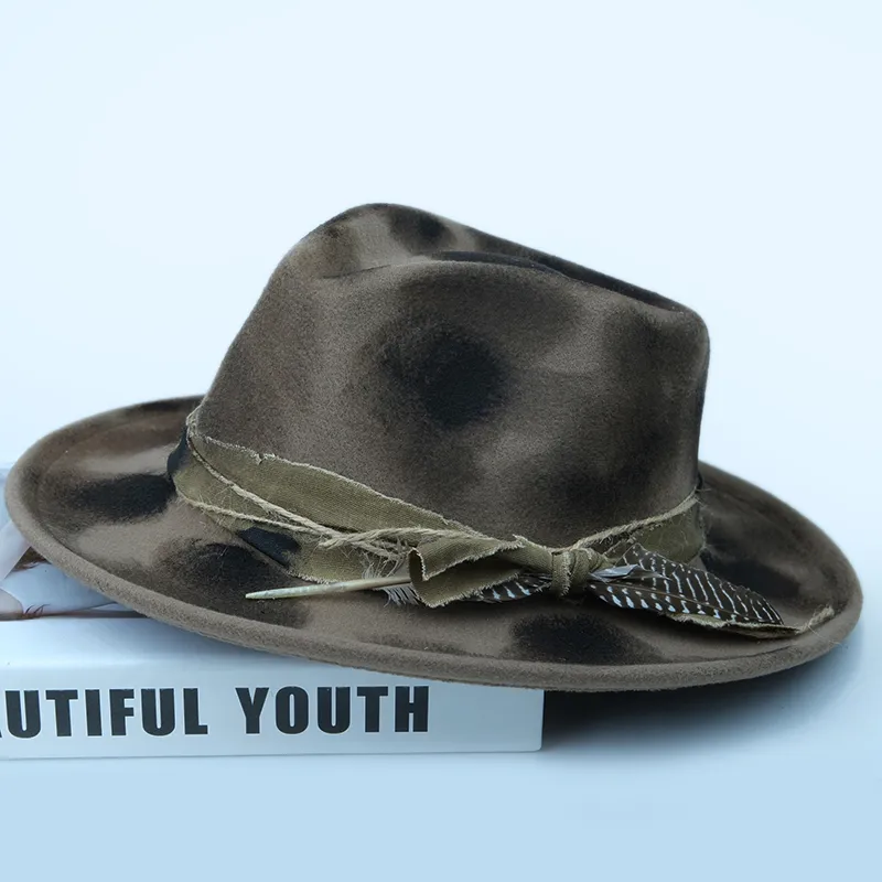 Painted Fire Retro Feather Jazz mad cap with Wide Brim for