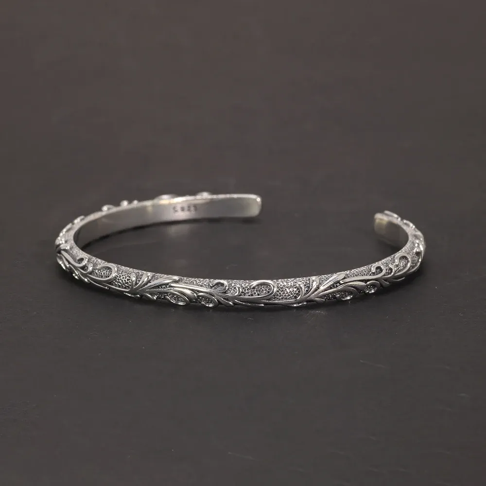 S925 Sterling Silver Bracelet Bangle: Embossed Vine Flowers