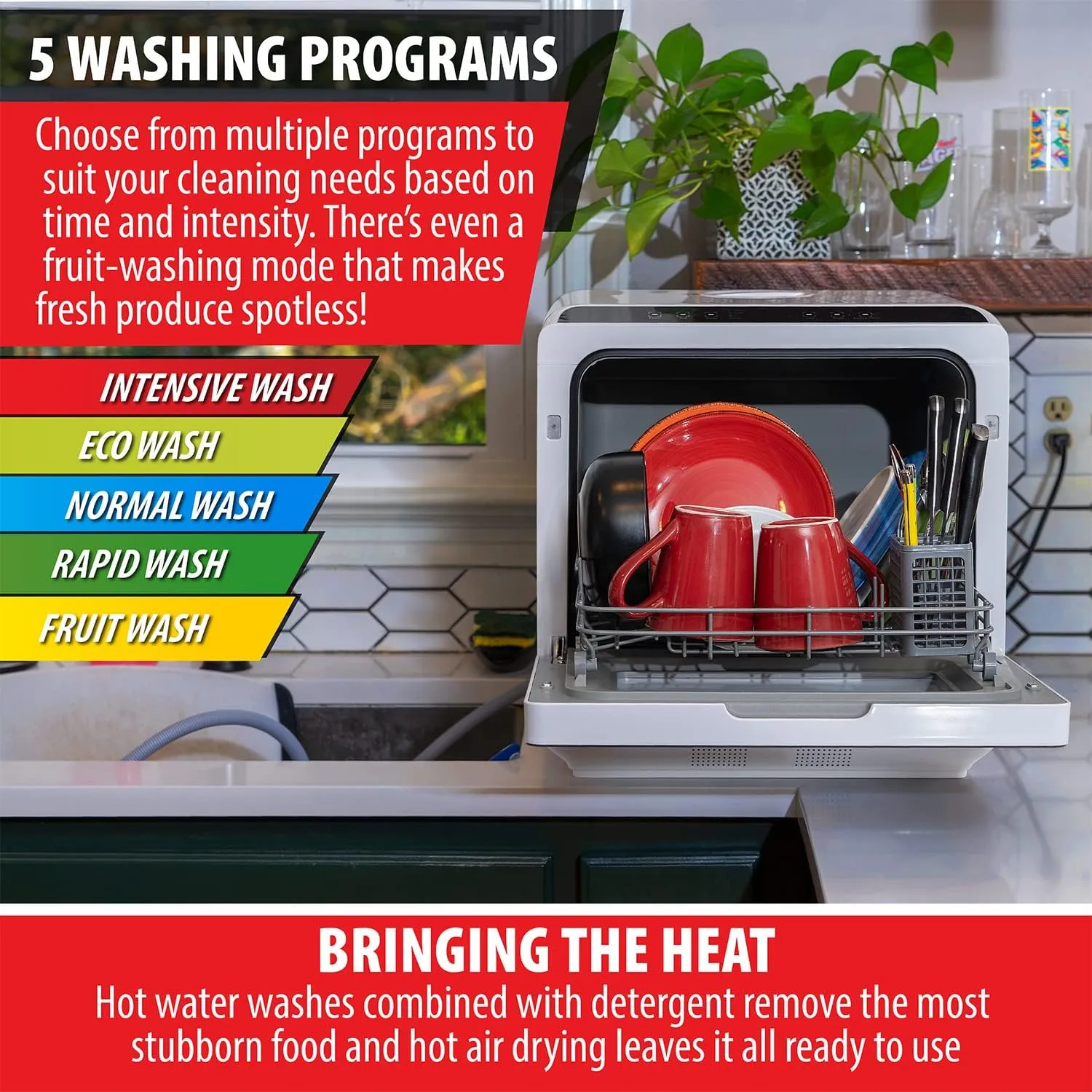 Deco Home Portable Countertop Dishwasher with Built-In Water Tank and Hook Up, 5 Cleaning Modes, Drying Heating Element