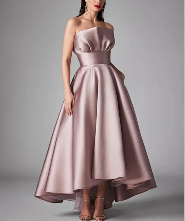 Vintage Pink Satin Hi-Lo tea Length evening dresses with Pockets - Elegant A-Line Scalloped Asymmetrical Length Prom & Bridal Guest Dress for Women
