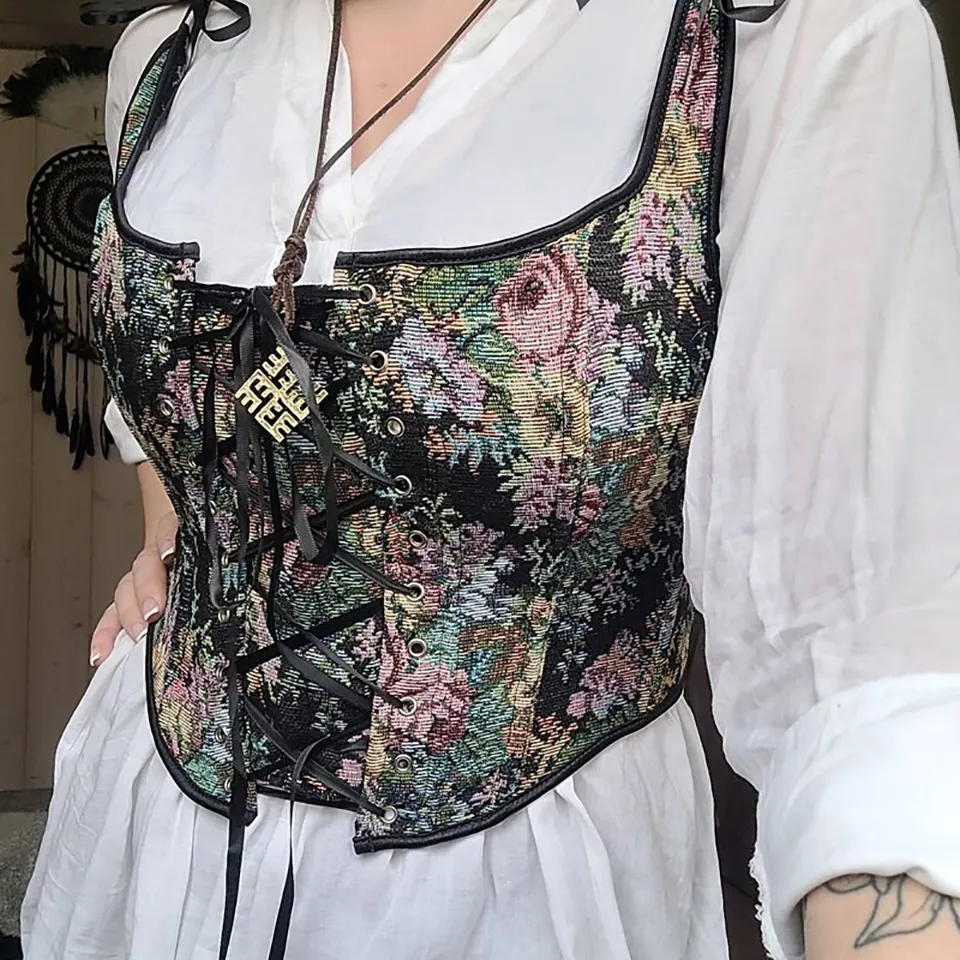 Corset Bustier Femme Vintage à Lacets - Imprimé Floral, Effet Gainant, Taille Ajustable - Pour Soirée, Cosplay, Mariage