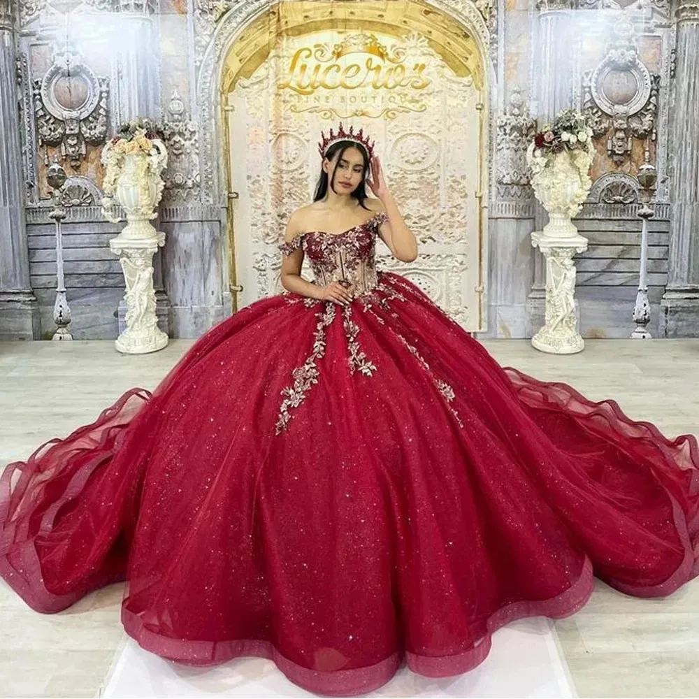 Shiny Burgundy Quinceanera Dresses 2024 Beaded Lace Off Shoulder Corset Formal Party Gowns