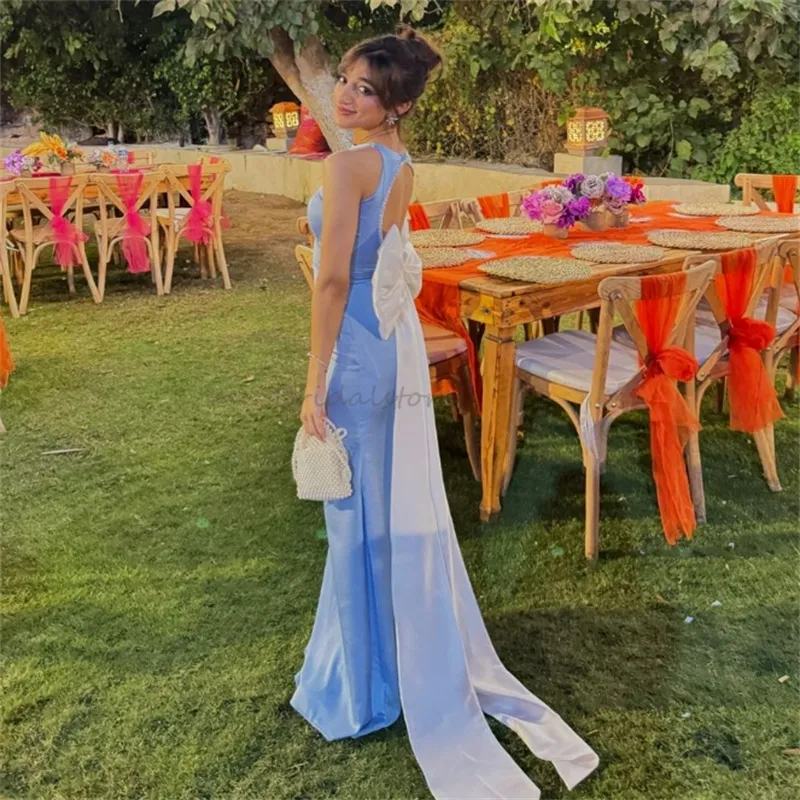Charming Blue Evening Dress With Big Bow Sexy Open Back Mermaid Prom Dress  Sleeveless Formal Birthday Party Gowns Vestidos De Fiesta 2025 Robes Soiree  ...