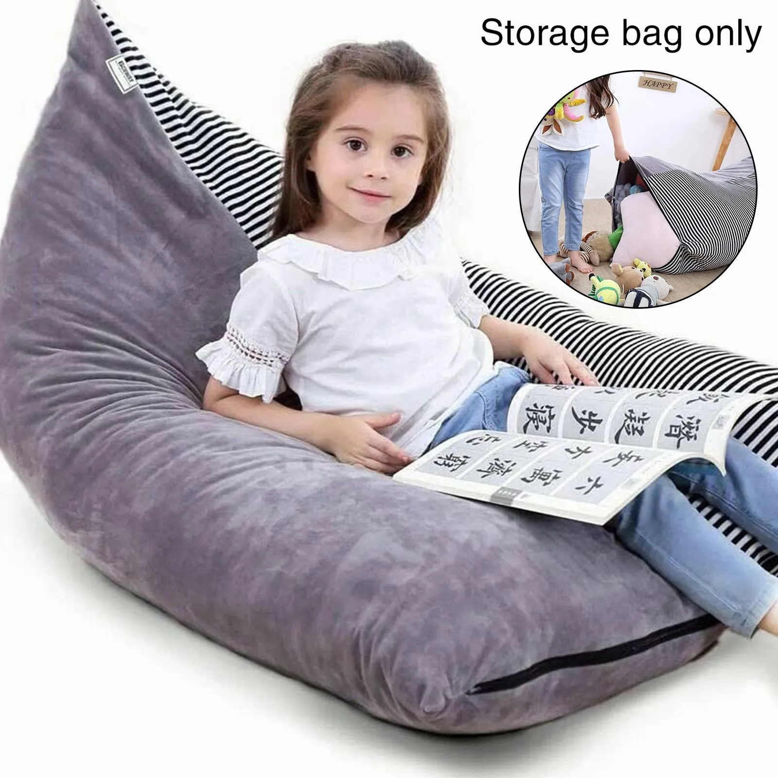 Velvet Bean Bag Sofa Stuffed Animal Storage Chair in Grey White