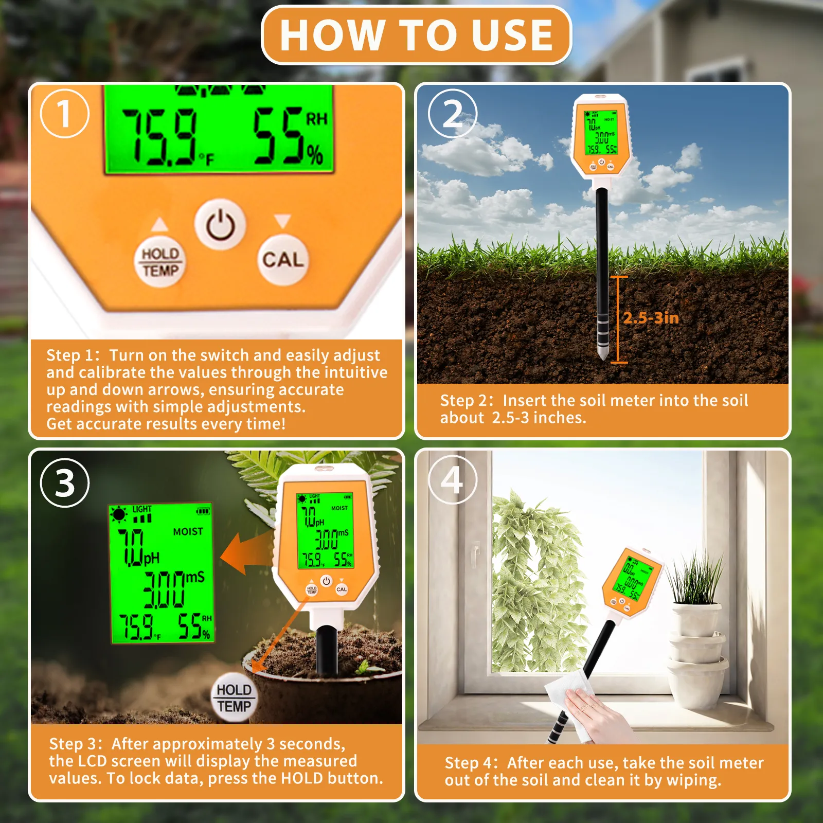 6-in-1 Digital Soil Tester – Moisture/PH/Light/Temp/Fertility/Humidity Meter With Backlit LCD, For Garden, Lawn, & House Plants