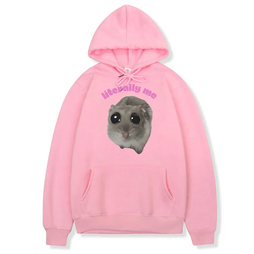 Funny Sad Hamster Meme Hoodie Oversized Casual Cry Big Eyes Mouse Sweatshirt