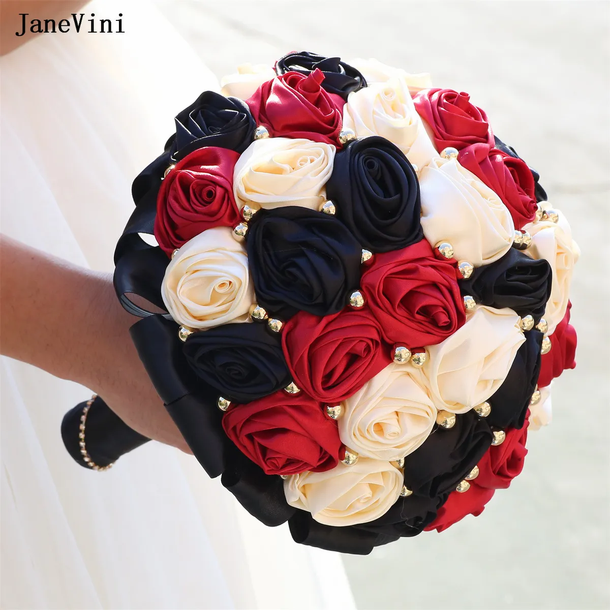 Save Big on Bulk Artifical Bridal Bouquets JaneVini Bridal Bouquet Dark Red  \u0026 Black Satin Roses With Gold Pearls Artificial European Wedding Flowers ..., image size:1200x1200