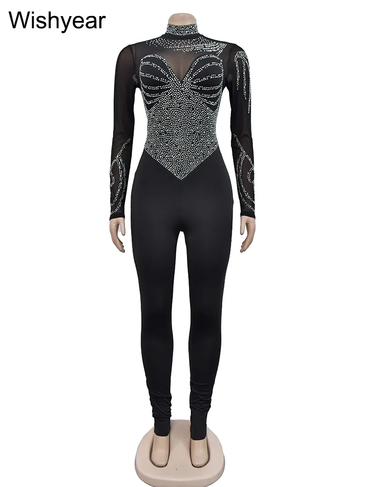 Save Big on Bulk Sexy Birthday Jumpsuits Sexy Birthday Outfit Women's Mesh  Patchwork Rhinestone Jumpsuit Luxury Long Sleeve Night Club Romper Best 