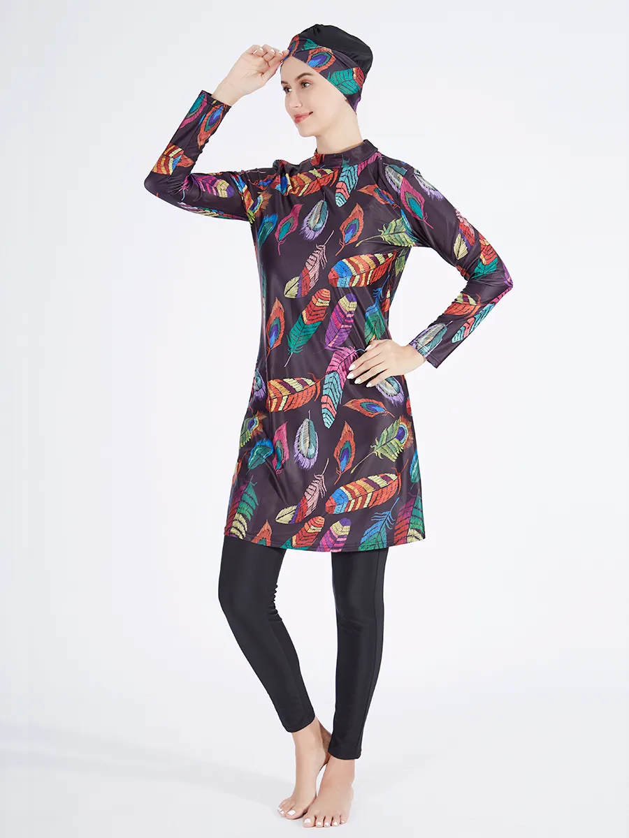 Women's Modest Muslim Swimwear Burkini Set - Full Cover Long Sleeve, Hijab, Black