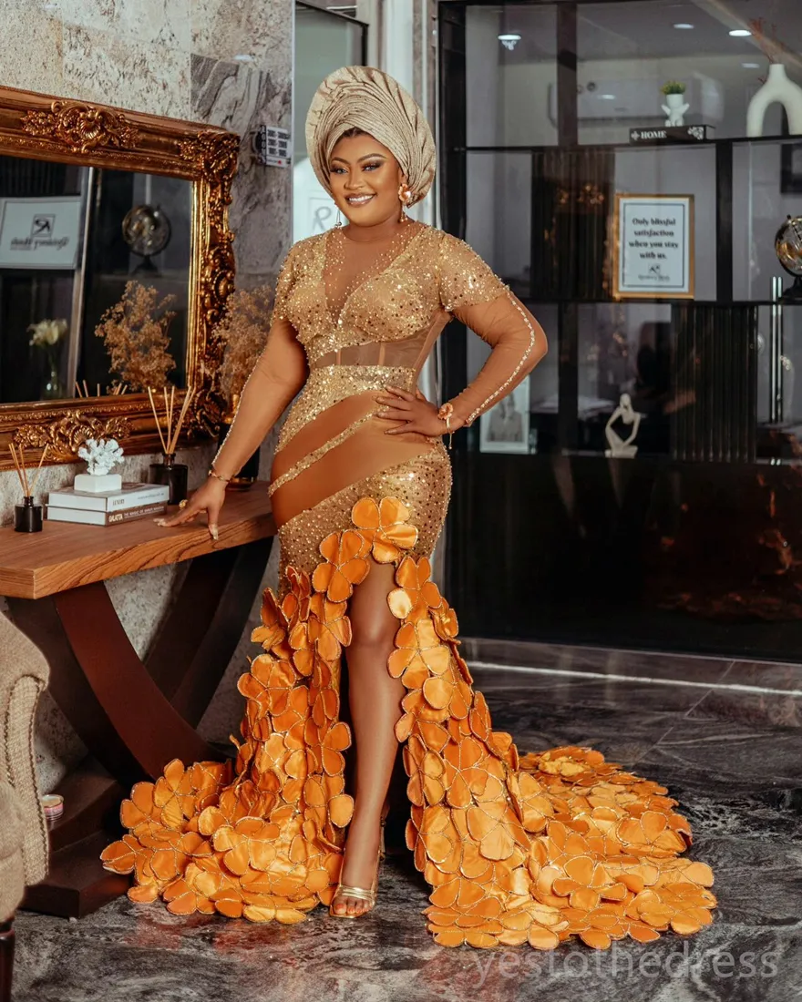 Plus Size Orange Sequin Mermaid Orange Sparkly Prom Dress with Illusion Lace and Side Split for Black Women - Elegant Handmade Flowers - Perfect for