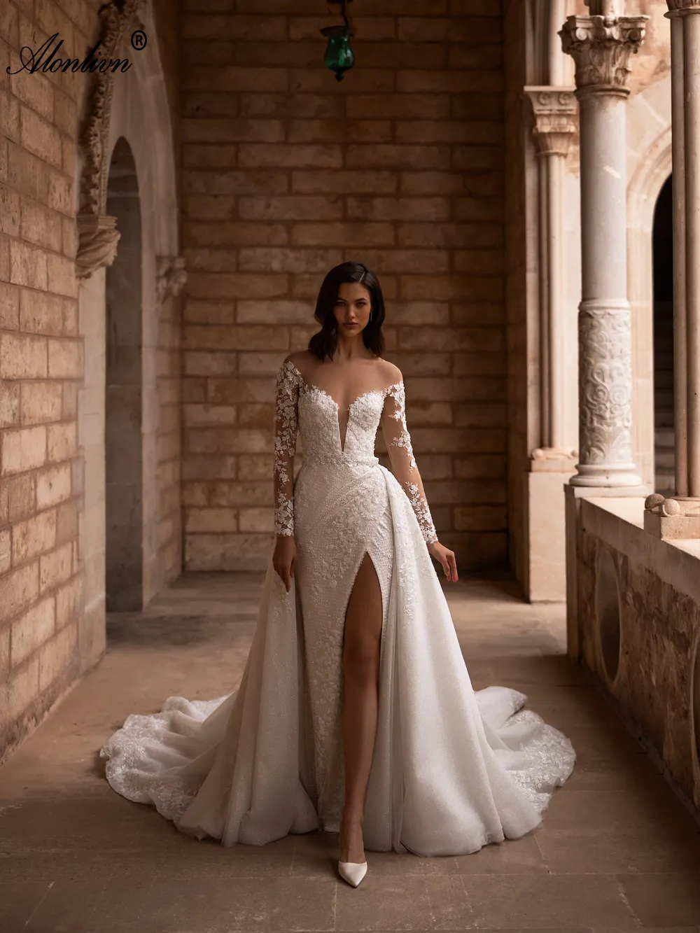 Romantic Lace detachable mermaid wedding dress with Sheer Neckline, Removable Train, Full Sleeves, and Floral Prints