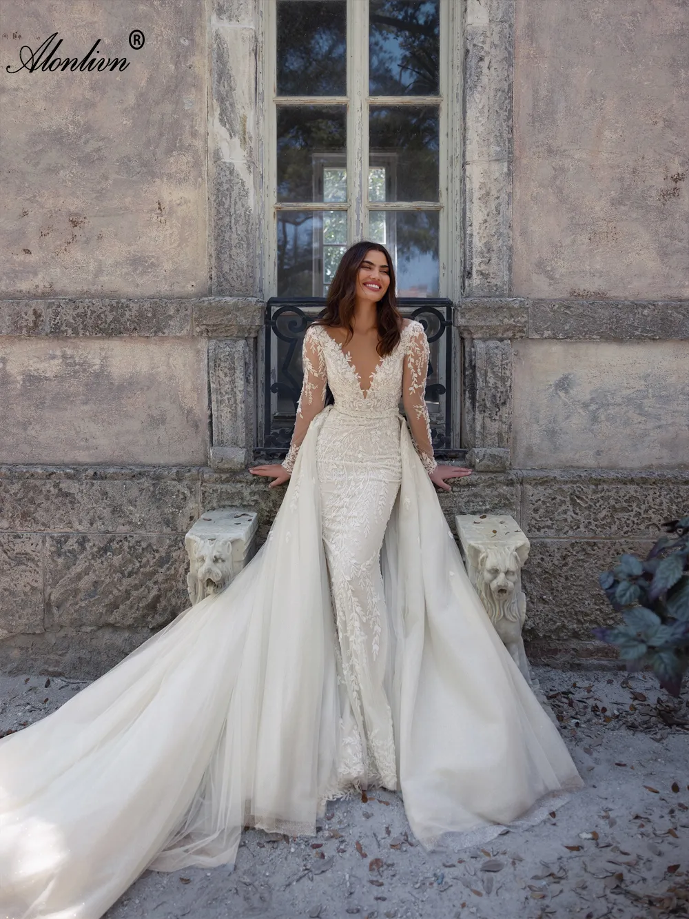 Flower Print 2-in-1 mermaid overskirt wedding dress with Sheer Neck, Oversized Tulle, Removable Train, and Floral Accents Flower Print 2-in-1 mermaid overskirt wedding dress with Sheer Neck, Oversized Tulle, Removable Train, and Floral Accents