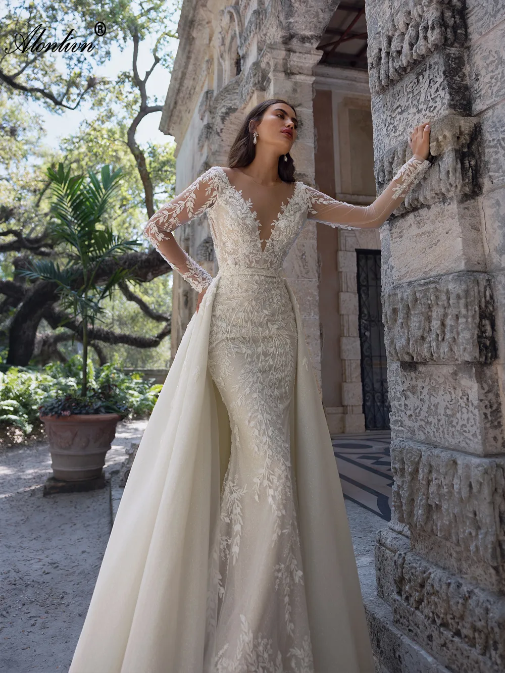 Flower Print 2-in-1 mermaid overskirt wedding dress with Sheer Neck, Oversized Tulle, Removable Train, and Floral Accents