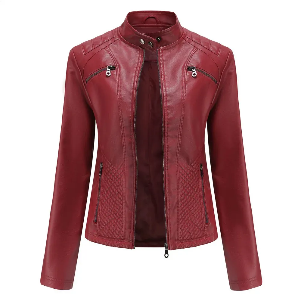 Slim Fit Leather Jacket Womens Stand Collar Short PU Coat
