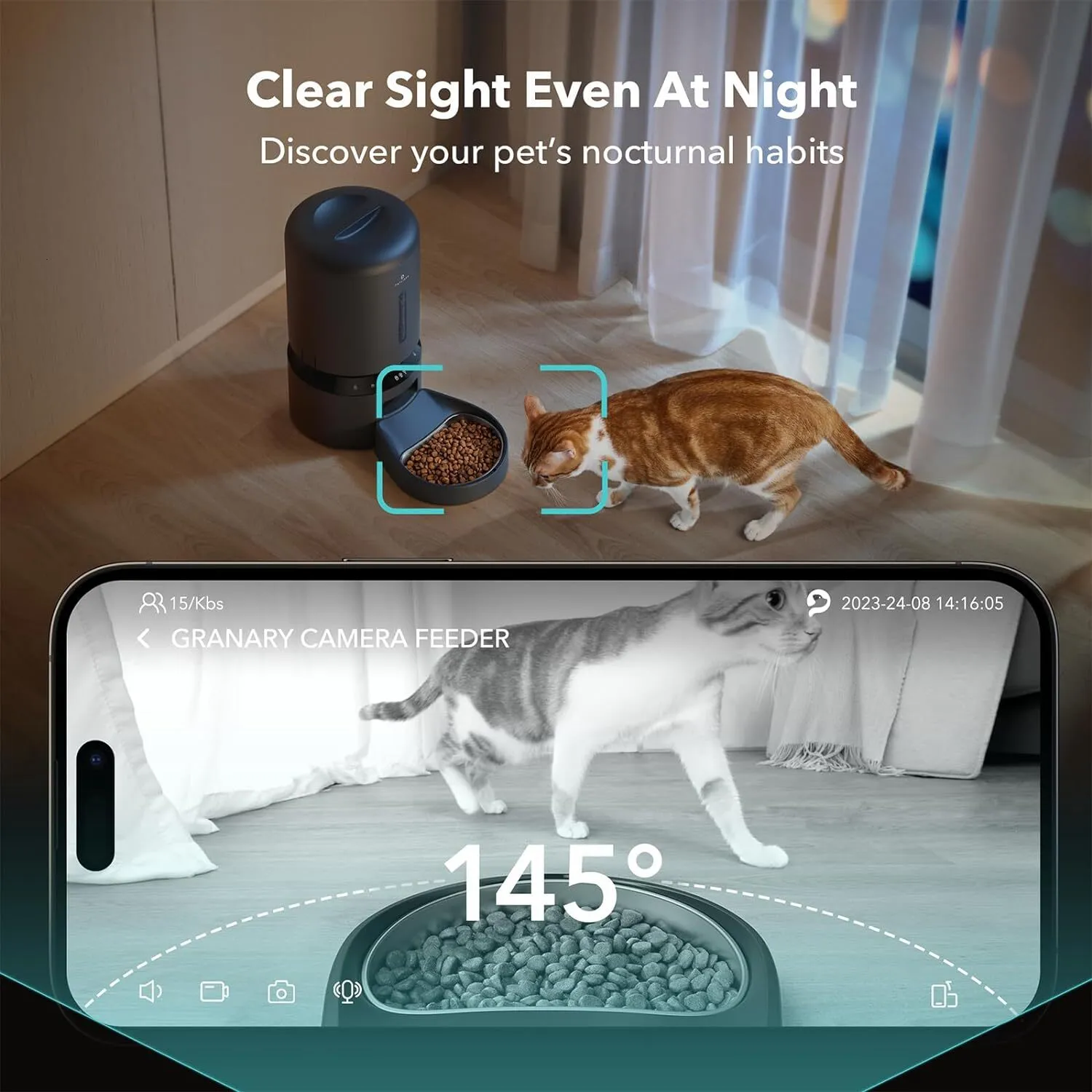 Automatic Cat Camera, 1080P HD Video Night Vision, 5G Wifi Pet Feeder With 2-Way Audio, Low Food & Blockage Sen