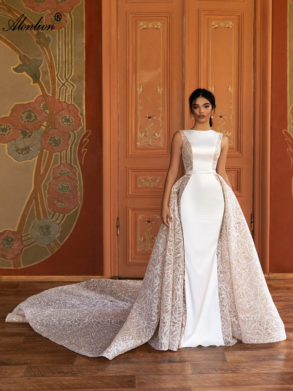 satin sparkly wedding dress A-line One Shoulder Long Sleeve Sparkly Rustic Wedding Dresses Satin B SELINADRESS