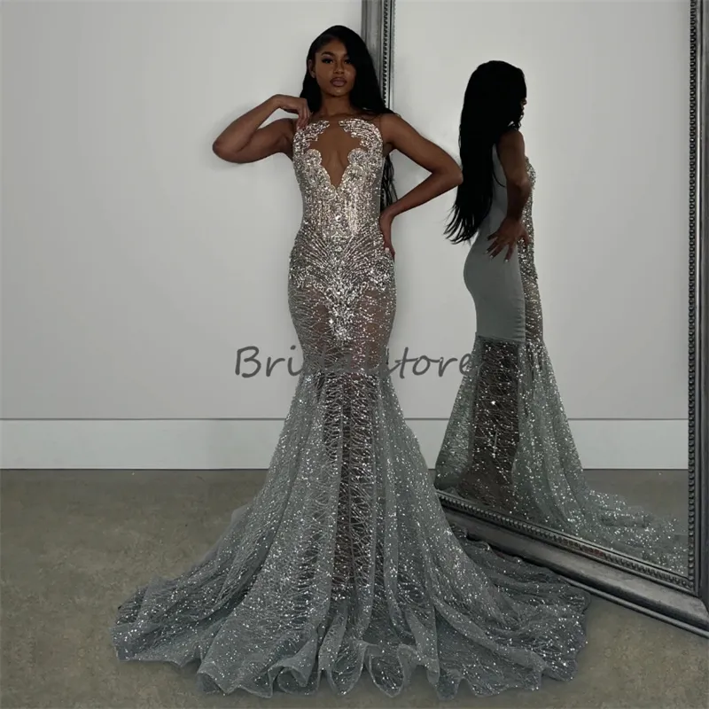 knee length dresses for ladies Luxury Silver Mermaid Evening Dress With Cape Heavy Beaded Slit Prom Dresses For Women Wedding Party Silver Nude / 14 main image 1