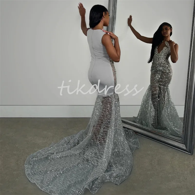 Luxury Silver Gold Prom Dresses For Black Women Sparkly Diamond Crystal Mermaid Evening Dress 2024 Illusion Formal Fifteen Birthday Dress Plus Size