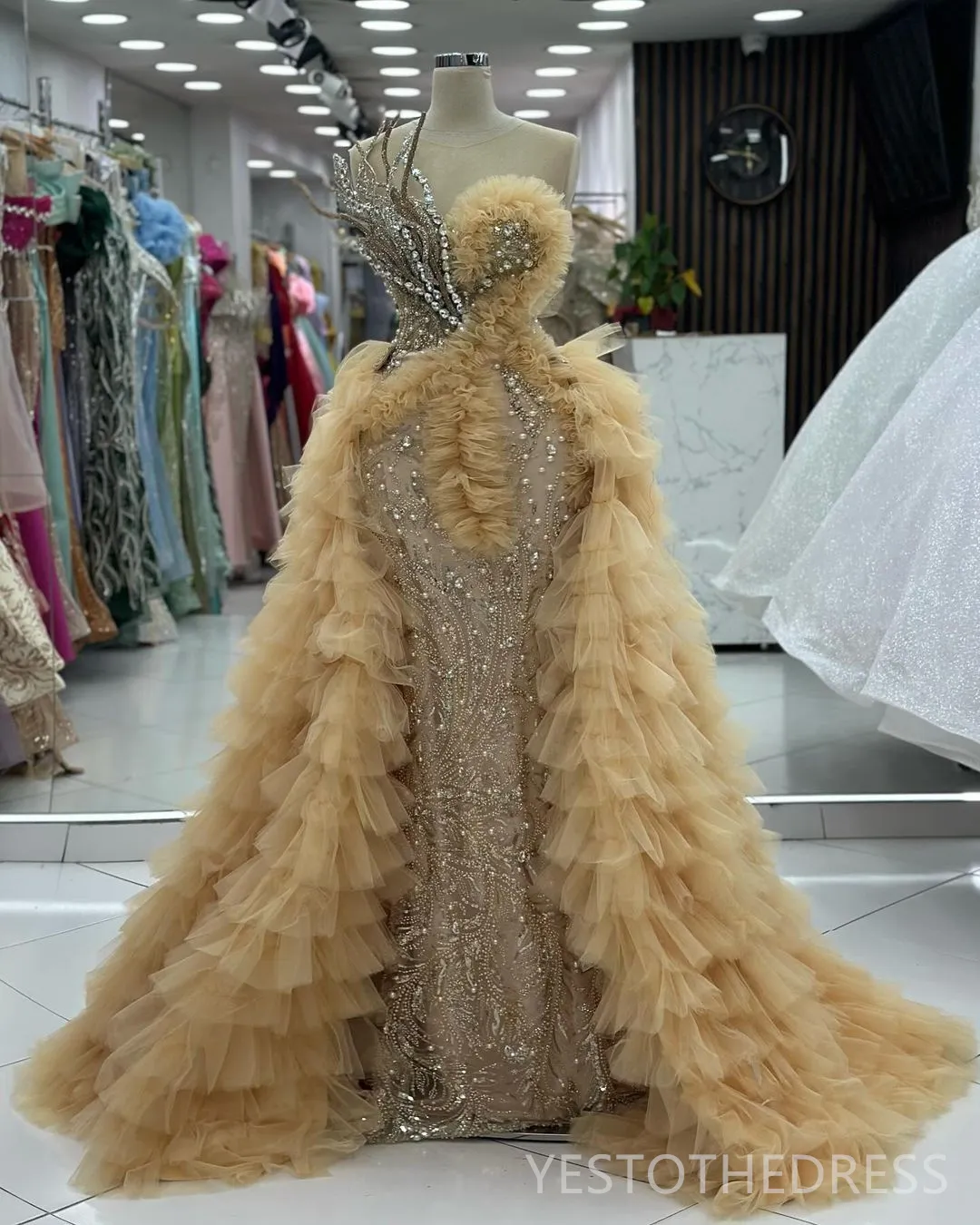 plus size champagne formal dresses Off The Shoulder Champagne Plus Size Prom Dresses Lace Beaded Evening Gown Champagne / US10 main image 0