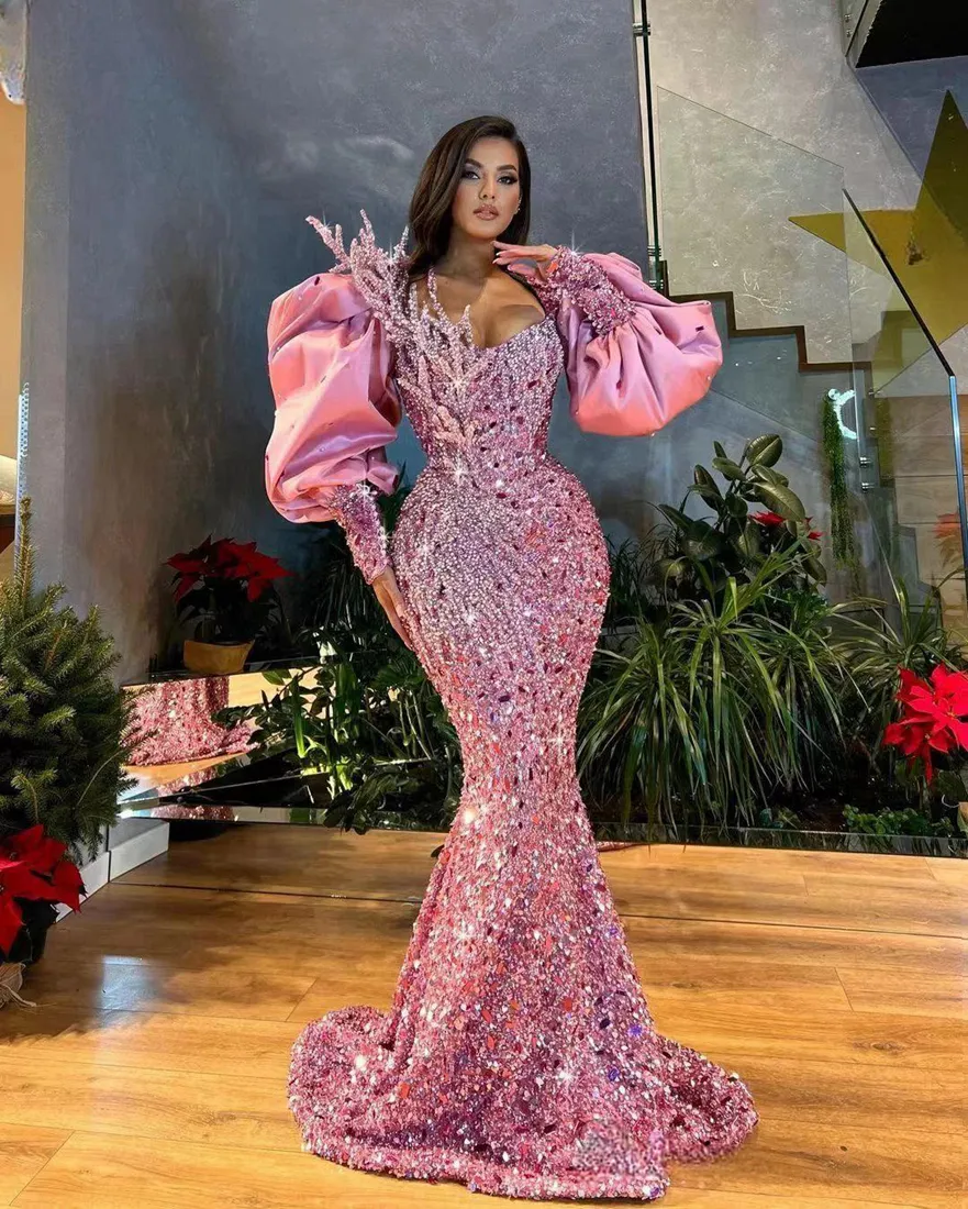 AM733 Luxury Pink Velvet Lace Prom Dresses for Black Women - Long Sleeve  Formal Evening Gowns with Sequin Mirror Decorated Reception Design