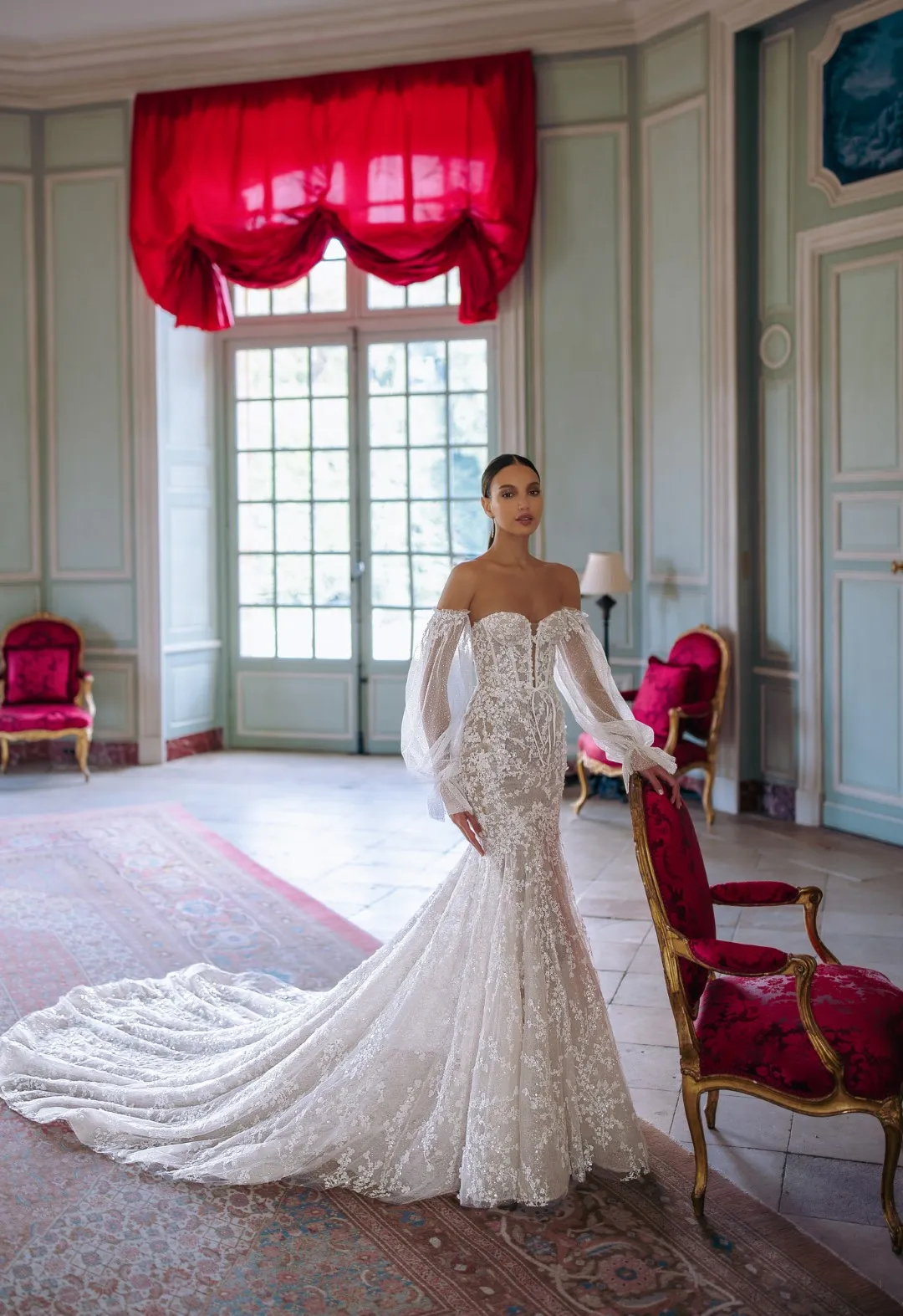 Off-Shoulder Fall Mermaid Wedding Dress with Beading Embroidery, Full Puff Sleeves, and Full Flowers Prints - 2424 Collection